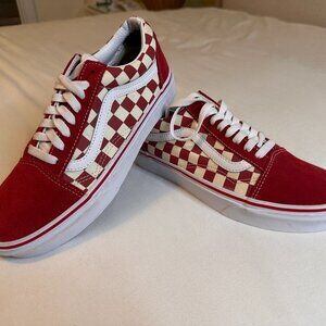 Vans Old Skool Checkerboard Sneakers Red Cream Suede Men's 6.5 Women's 8